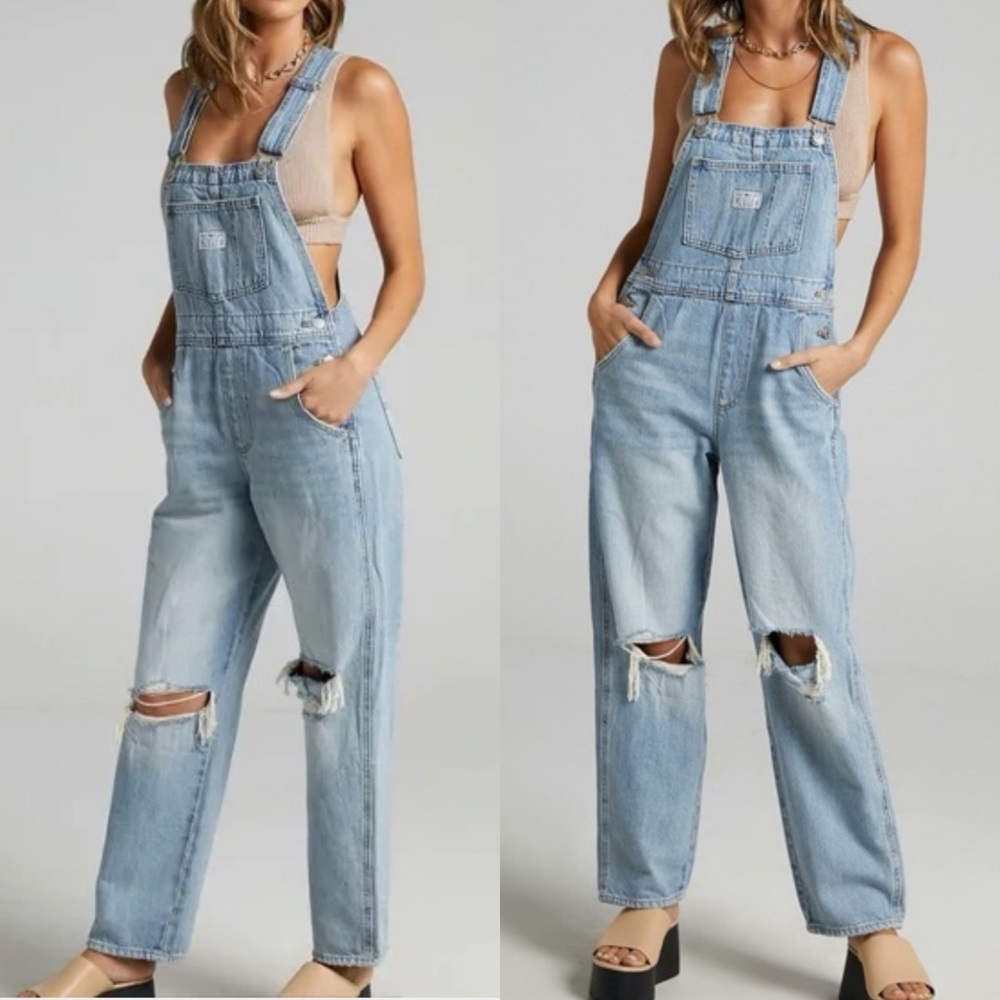 Levi’s Premium Vintage Denim Straight Leg Overalls Bright Light Wash Distressed - Picture 7 of 16